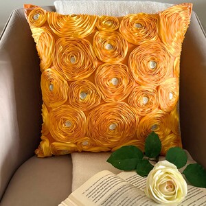 アートシルクオレンジリボン刺繍ローズ装飾クッションカバー、16インチ