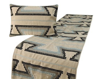 King / Queen / Twin Blue Ivory Bed Runner with Decorative Throw Pillow Cover in Cotton Aztec Pattern Embroidery Contemporary - Aztec Armor