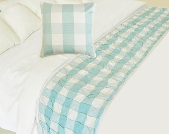 King / Queen / Twin Buffalo Checks Bed Runner with Decorative Throw Pillow Cover in Aqua Blue Cotton Knotted Texture - Aqua Plaid Knots