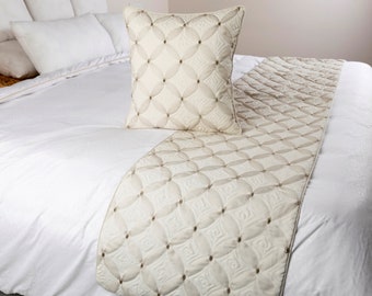 King / Queen / Twin Ivory Bed Runner with Decorative Throw Pillow Cover, Linen Quilted & Embroidery, Modern Contemporary - Tender Love