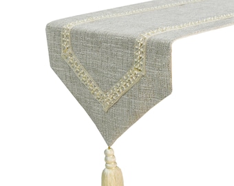 Available in 11 sizes, 4, 6, 8 or 10 seater Decorative Table Runner Jute with Pearl Lace & Tassels - Pearl Coast