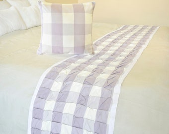 King / Queen / Twin Buffalo Checks Bed Runner with Decorative Throw Pillow Cover in Lavender Cotton Knotted Texture - Lavender Plaid Knots