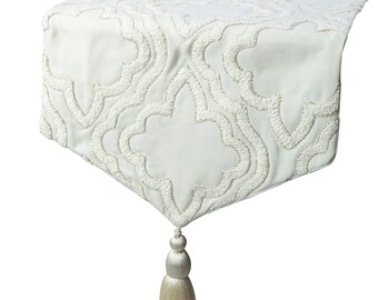 Available in 11 sizes, 36 to 120 inches long Decorative Table Runner White Cotton with Boucle Embroidery & Tassels Contemporary Decor-Esther