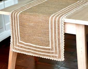 Available in 11 sizes, 4, 6, 8 or 10 seater Decorative Table Runner Beige Jute with Jute & Pearl Lace - Jute Table Charm