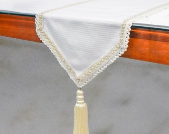 Available in 11 sizes, 4, 6, 8 or 10 seater Decorative Table Runner Ivory White Textured Fabric with Pearl Lace & Tassels - Pearl Radiance