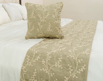 King / Queen / Twin Beige Linen Bed Runner with Decorative Throw Pillow Cover with Ivory Pearl Embroidery, Contemporary Bedroom-Willow Pearl