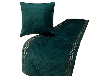 King / Queen / Twin Teal Bed Runner with Decorative Throw Pillow Cover Quilted Pattern with Crystal Embroidery Modern -Teal Diamond Symphony