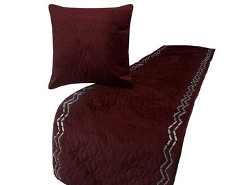 King / Queen / Twin Deep Wine Bed Runner with Decorative Throw Pillow Cover Quilted Pattern with Crystal Embroidery Modern-Diamond Symphony