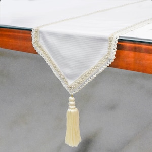 Available in 11 sizes, 4, 6, 8 or 10 seater Decorative Table Runner Ivory White Textured Fabric with Pearl Lace & Tassels Pearl Radiance image 1