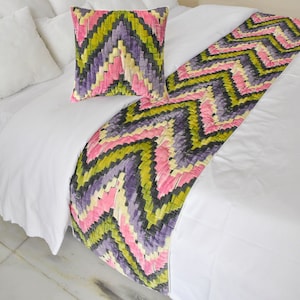 King / Queen / Twin Quilted Bed Runner with Matching Decorative Throw Pillow Cover in Pink / Green / Purple Velvet Modern - Artful Chevron