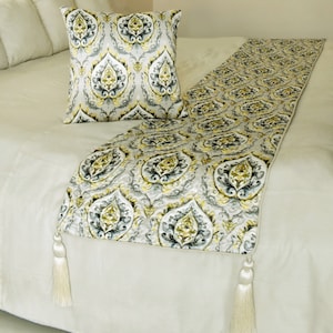 King / Queen / Twin Grey / Yellow Color Bed Runner and Matching Pillow Cover in Quilted Damask Pattern with Tassels  - Flamey Damask