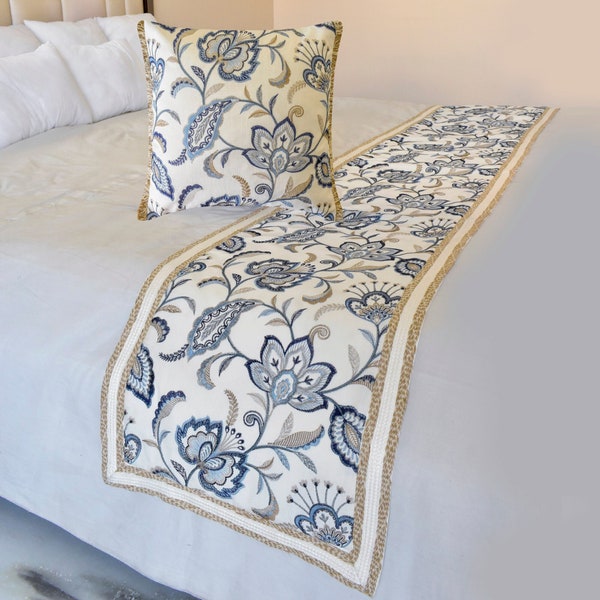 King / Queen / Twin Floral Embroidered Bed Runner with Matching Throw Pillow Cover in Cotton Embroidery and Jute Lace - Morning Glories BR