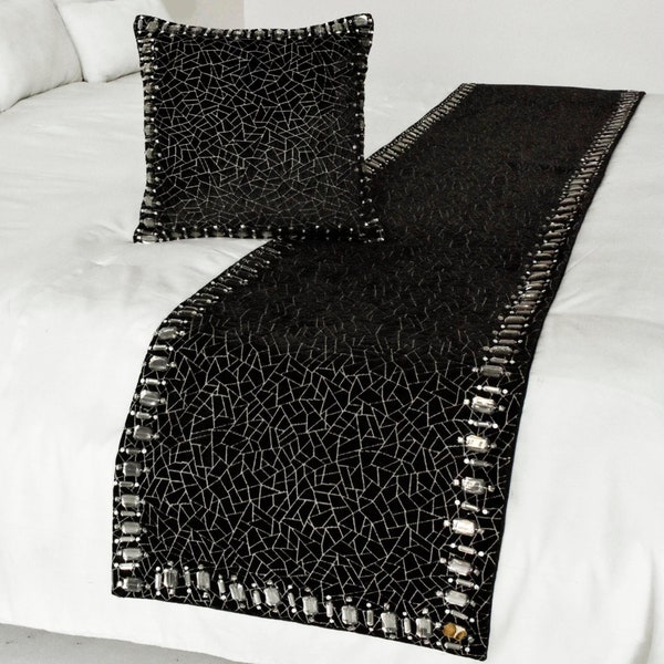King / Queen / Twin Black Bed Runner and Matching Pillow Cover Set in Velvet with Mosaic Pattern and Crystals Bedroom Decor - Mosaic Noir