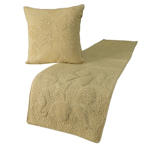 King / Queen / Twin Bed Runner Sea Theme Bed Scarf in Linen & Pearl Embroidery Quilted Bed Linen Foot Warmer Home Living - Off To The Sea