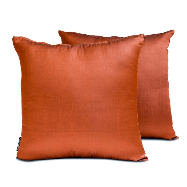 Pack of 2 Rust Art Silk Pillow Covers, Square Throw Pillow Covers, Solid Cushion Covers, Plain Pillow Case - Rust Luxury
