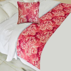 King / Queen / Twin Quilted Bed Runner with Matching Decorative Throw Pillow Cover in Pink / Ivory Velvet Damask Modern - Pink Dalliance