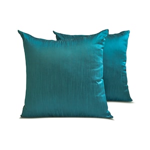 Pack of 2 Teal Blue Art Silk Pillow Covers, Square Throw Pillow Covers, Solid Cushion Covers, Iridescent Pillow Case - Teal Blue Luxury