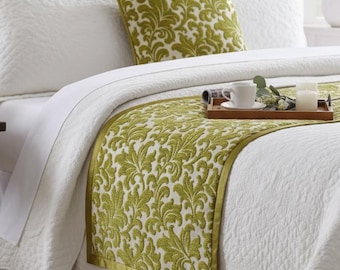 King / Queen / Twin Chartreuse Runner with Matching Throw Pillow Cover Velvet Floral Pattern Modern Bedroom Decor - Enchanted Chartreuse