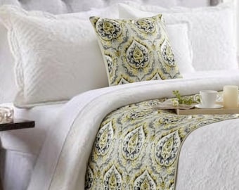 King / Queen / Twin Grey / Yellow Color Bed Runner and Matching Pillow Cover in Quilted Damask Pattern with Tassels  - Flamey Damask
