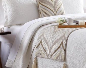 King / Queen / Twin Chevron Bed Runner with Matching Throw Pillow Cover in Jacquard Fabric with Bead Hand Embroidery - Clarissa Serene