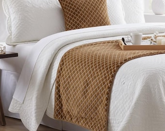 King / Queen / Twin Navy Brown Runner with Matching Throw Pillow Cover Velvet Geometric Pattern Modern Bedroom Decor - Geolux Legacy Brown