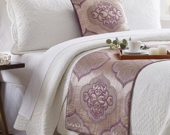 King / Queen / Twin Purple / Gray Bed Runner with Matching Throw Pillow Cover Jacquard Quilted Damask Pattern Contemporary - Emre Purple