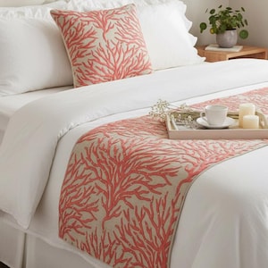 King / Queen / Twin Coral Bettläufer mit Passenden Kissenbezug Set mit Elfenbein Perlenstickerei, Zeitgenössisches Schlafzimmer - Coraline Perlen