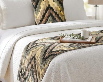 King / Queen / Twin Quilted Bed Runner with Matching Decorative Throw Pillow Cover Velvet Chevron Pattern Modern - Paramount