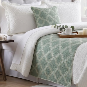 King / Queen / Twin Bed Runner with Matching Throw Pillow Cover Light Blue Lattice Pattern Quilted & Embroidered Modern Contemporary-Estelle