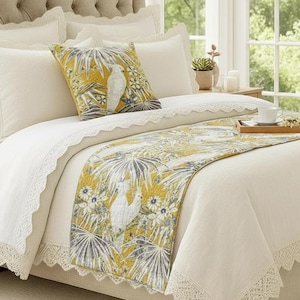 King / Queen / Twin Mustard / Grey / Ivory Color Quilted Bed Runner with Decorative Throw Pillow Cover in Floral Bird Pattern- Cockatoo Love