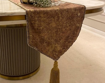 Available in 11 sizes, 36 to 120 Inches Long Decorative Table Runner in Gold Foil with Beaded Border and Tassels - Shimmer Fest Gold