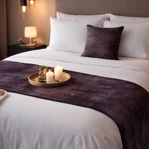 King / Queen / Twin Solid Velvet Bed Runner Pattern with Matching Throw Pillow Cover in Plain Dark Plum Bedroom Decor