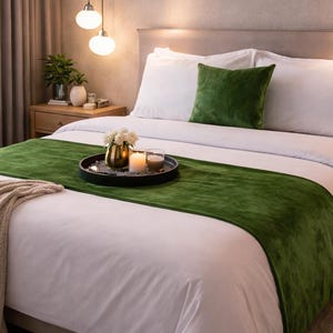 King / Queen / Twin Solid Velvet Bed Runner Pattern with Matching Throw Pillow Cover in Plain Green Bedroom Decor - Green Velvet Plush