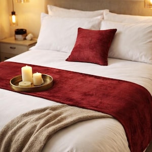 Caminho de cama em veludo liso, tamanho King/Queen/Twin, com estampa e capa de almofada combinando, na cor bordô lisa, para decoração de quarto - Veludo macio bordô