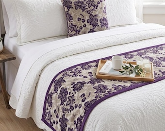 Copriletto King/Queen/Twin prugna e beige con federa per cuscino coordinata, motivo floreale in velluto, arredamento moderno per camera da letto - Plum Petal