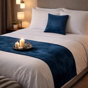 King / Queen / Twin Solid Velvet Bed Runner Pattern with Matching Throw Pillow Cover in Plain Green Bedroom Decor - Navy Velvet Plush