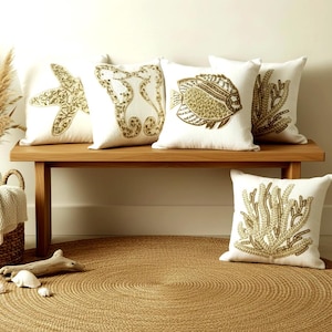 Tide And Gold Collection I Coastal Luxe I Handmade Thread Embroidery Sequin Cushions Covers