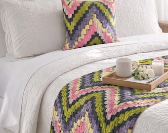 King / Queen / Twin Quilted Bed Runner with Matching Decorative Throw Pillow Cover in Pink / Green / Purple Velvet Modern - Artful Chevron