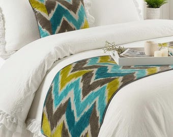 King / Queen / Twin Turquoise Blue / Chartreuse Bed Runner with Matching Decorative Throw Pillow Cover In Velvet Modern Decor- Plume Palette