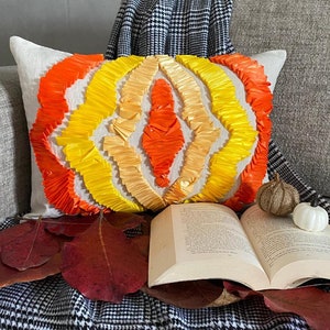 Autumn Oblong/Lumbar Throw Pillow Cover Fall Colors Yellow/Orange Ribbon Embroidery on Linen, Cozy Autumn Decor, Housewarming Gift - Sunbeam