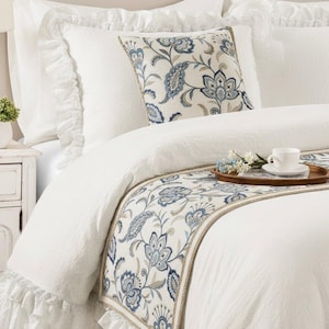 King / Queen / Twin Floral Embroidered Bed Runner with Matching Throw Pillow Cover in Cotton Embroidery and Jute Lace - Morning Glories BR