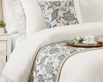 King / Queen / Twin Floral Embroidered Bed Runner with Matching Throw Pillow Cover in Cotton Embroidery and Jute Lace - Morning Glories BR