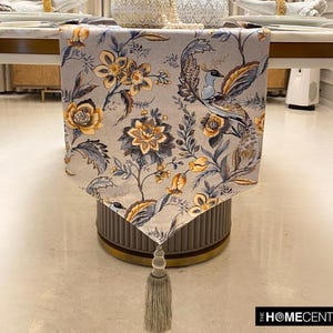 Available in 11 sizes, 36 to 120 inches long Decorative Table Runner Yellow / Grey with Tassels, Floral Peacock Pattern Table Decor - Merlin