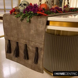 Available in 11 sizes, 36 to 120 inches long Decorative Table Runner Brown Foil Suede with Faux Leather Tassels Modern Decor - Kayla Brown