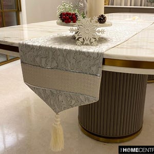 Available in 11 sizes, 4, 6, 8 or 10 seater Decorative Table Runner Silver Grey Marble Jacquard with Faux Leather & Tassel-Leather Luminance