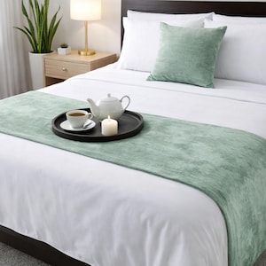 King / Queen / Twin Solid Velvet Bed Runner Pattern with Matching Throw Pillow Cover in Plain Green Bedroom Decor - Ice Blue Velvet Plush