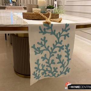 Available in 11 sizes, 36 to 120 inches long Decorative Table Runner Ivory White Art Silk with Beaded Embroidery Beach Theme - Beach Coral