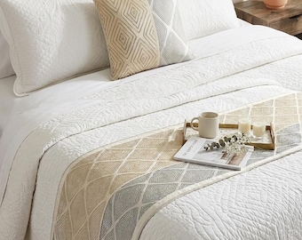 King / Queen / Twin Ivory / Gray Bed Runner with Matching Decorative Throw Pillow Cover, Jacquard with Lace Runner, Modern Decor - Aether