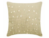 Luxury Ecru Cushion Covers, 16 quot x16 quot Cotton Linen Pillowcase, Square Mother Of Pearls Garden Floral Theme Pillows Cover Toss - Garden Pearls