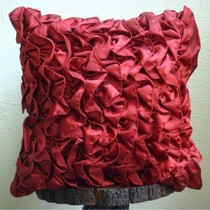 Satin Ruby Red Toss Cushion 16x16, Designer Toss Throw Pillow Ruffles Throw Pillow Solid Color Pattern Modern Style Vintage Rubys image 7
